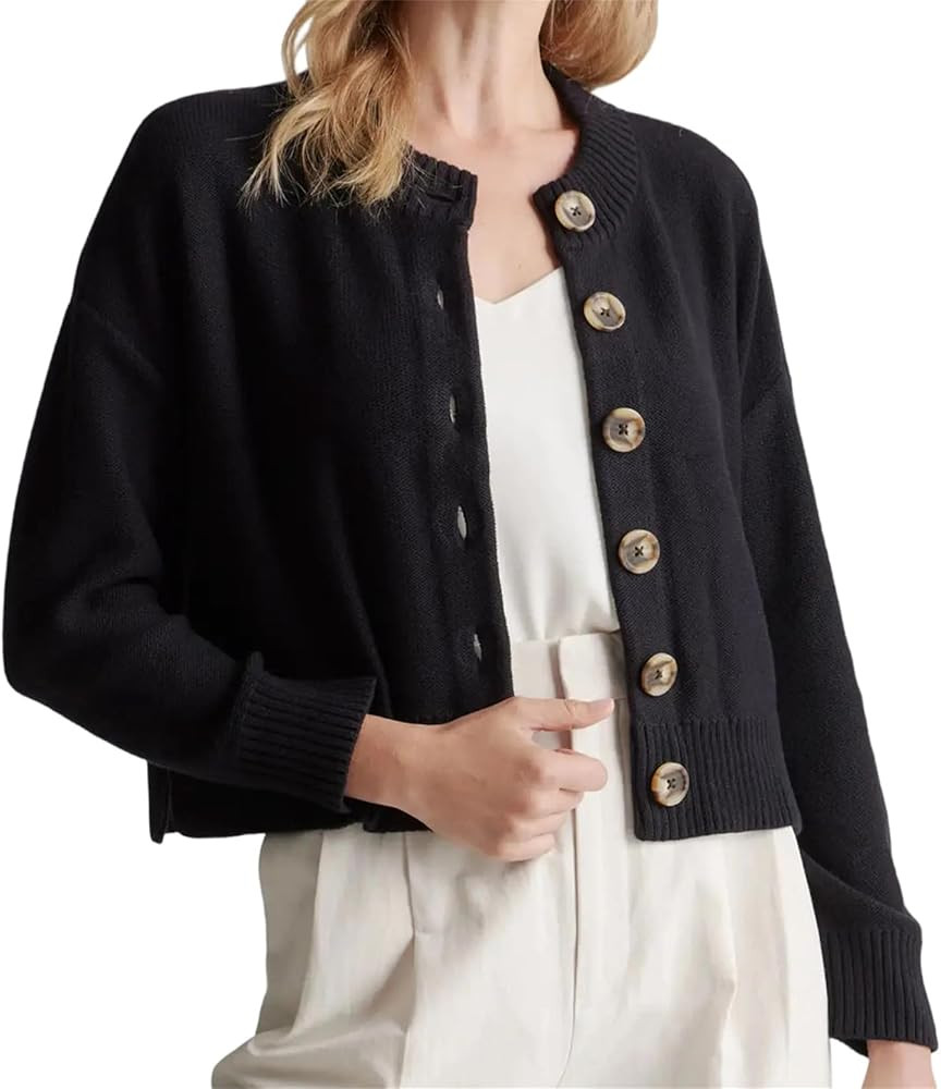 Women’s Basic Button Down Cardigan Casual Crew Neck Long Sleeve Knit Crop Sweater Loose Fit Sol... | Amazon (US)