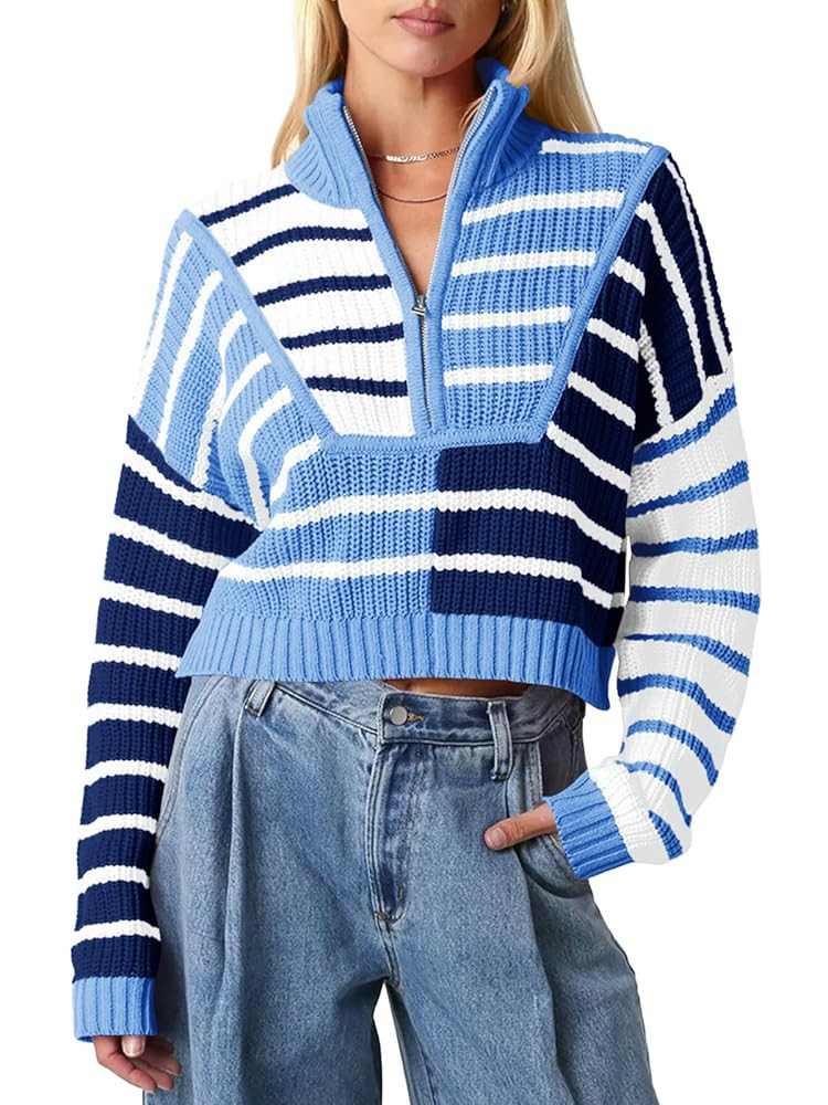 Saodimallsu Womens Striped Cropped Sweater Color Block Zip Up Long Sleeve Mock Neck Loose Pullove... | Amazon (US)