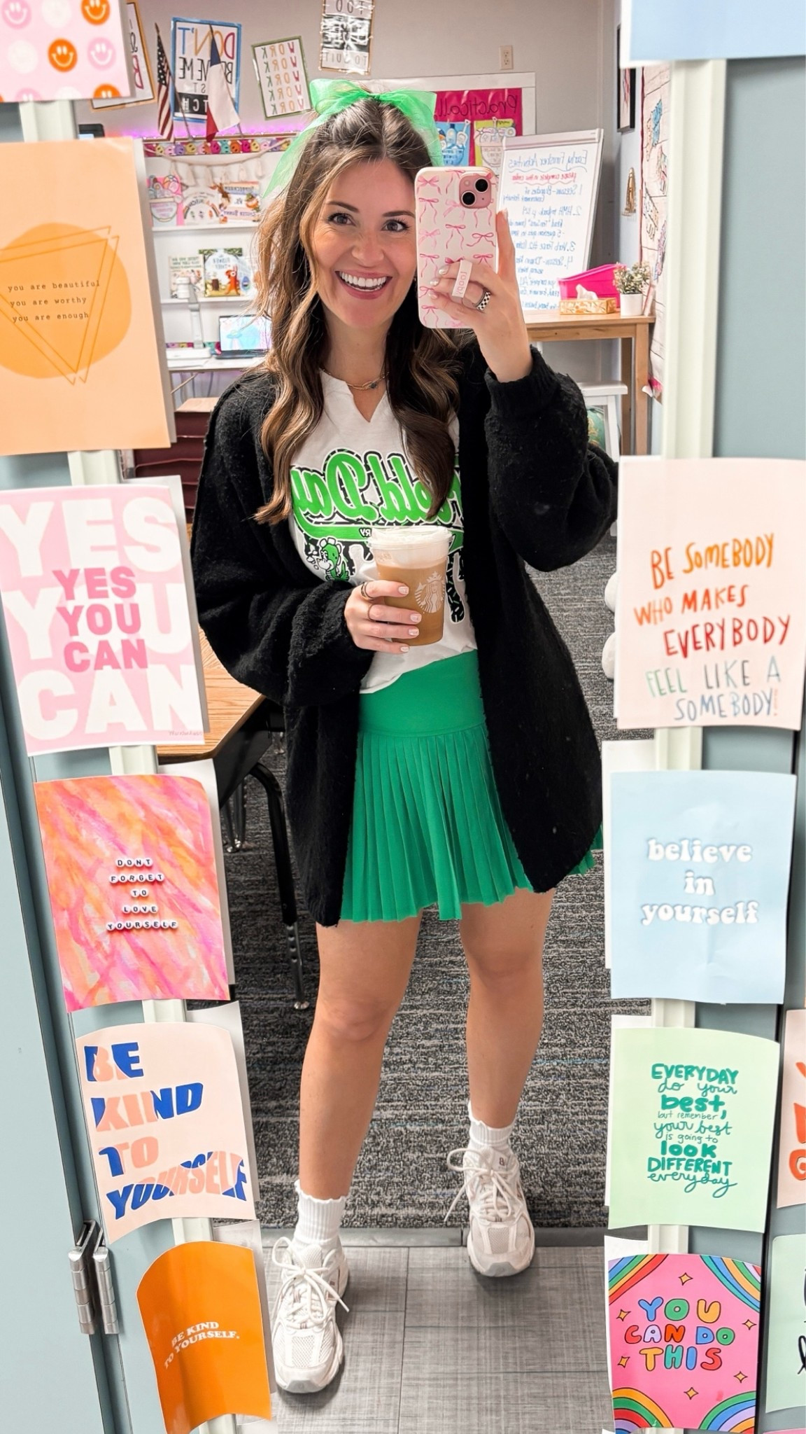 Field day ready!🖤💚 first time in a long time that we had a chilly field day, but I won’t complain! 
Amazon skirt//small
Amazon cardigan//small 

Field day, teacher, tennis skirt, casual

#LTKootd #LTKActive