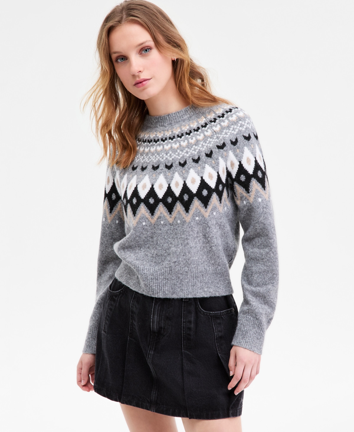 Levi's Women's Lou Fair Isle Crewneck Sweater - Francoise Fairisle V4 Heather Gray | Macy's