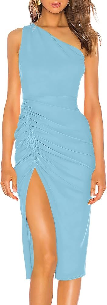Sarin Mathews Womens One Shoulder Ruched Bodycon Dress Sexy Sleeveless Slit Midi Party Cocktail Wedd | Amazon (US)