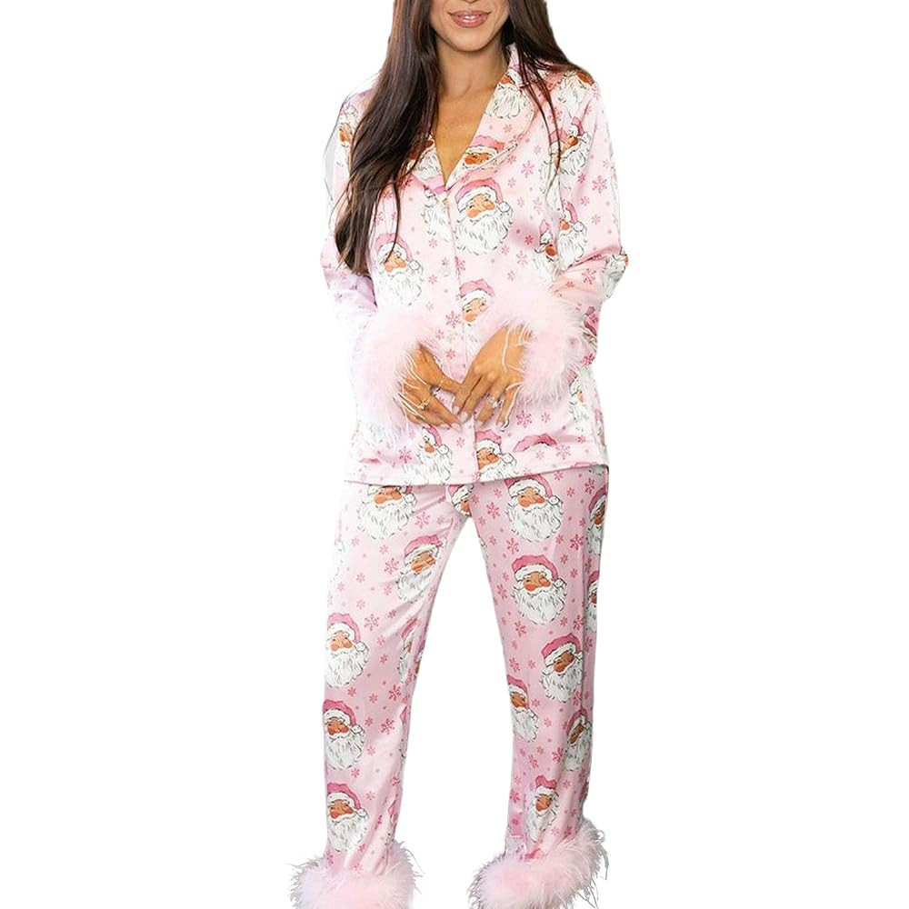 Womens Christmas Pajamas Sets Long Sleeve Button Fur Trim Shirt Matching Pants 2 Piece Lounge Set... | Amazon (US)