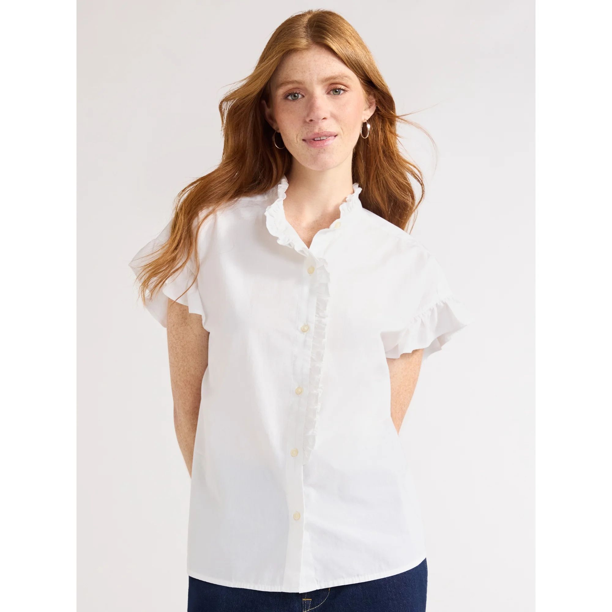 Free Assembly Women's Ruffle Trim Cotton Shirt with Short Sleeves, Sizes XS-XXL | Walmart (US)