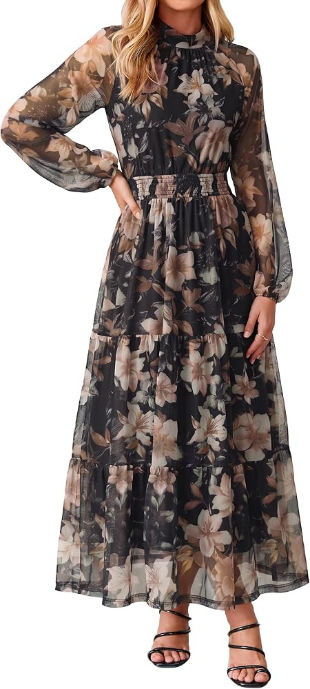 Simplee Womens Floral Wedding Guest Maxi Dress Flowy Mesh Fall Dress     Boho, Long Sleeve, Semi-... | Amazon (US)