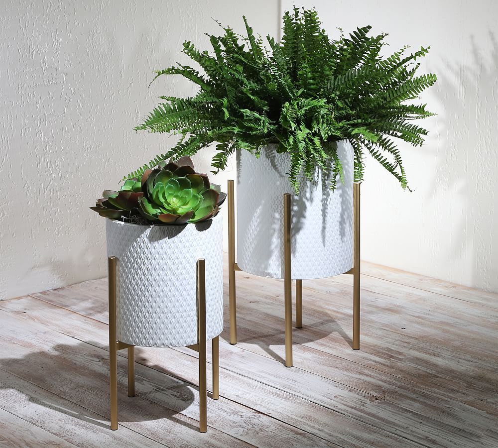 Bella Patterned Raised Planters with Gold Stand - Set of 2 | Pottery Barn (US)