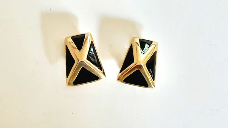 Vintage 80s St John Earrings Black Enamel and Gold Clip on Earrings Modernist Earrings - Etsy | Etsy (US)