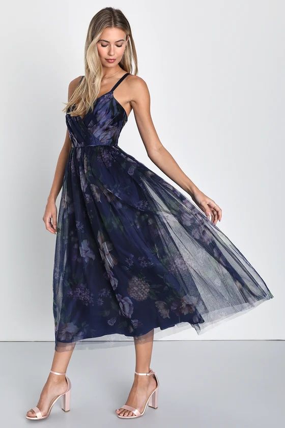 Elaborate Elegance Navy Floral Print Tulle Pleated Midi Dress | Lulus (US)