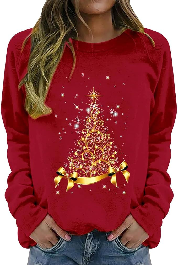 Womens Christmas Sweatshirt Long Sleeve Crew Neck Ugly Christmas Sweatshirt Warm Thermal Cute Top... | Amazon (US)