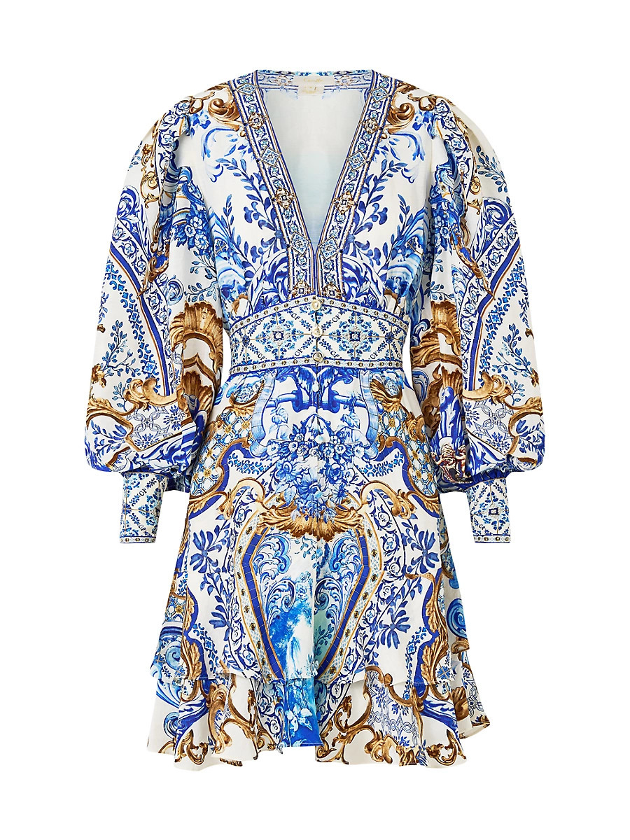 Women's Printed Silk Button-Front Frill Dress - Azul Adventures - Size Large | Saks Fifth Avenue