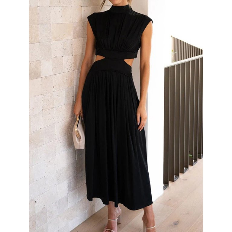 Y2K Women Mock Neck Dress Summer Casual Dress Solid Color Cutout Pleated Party Dress A-line Sleev... | Walmart (US)