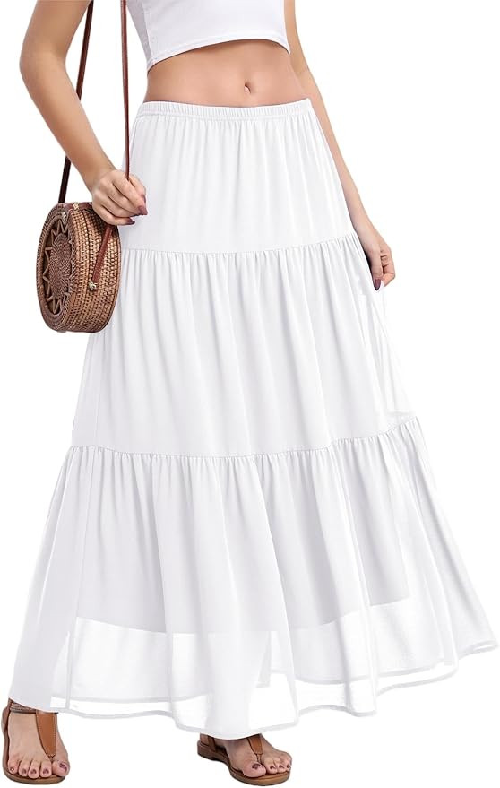 Women's Pleated Skirt Chiffon A-Line Elastic High Waist Flowy Double Layer Casual Maxi Skirts for... | Amazon (US)