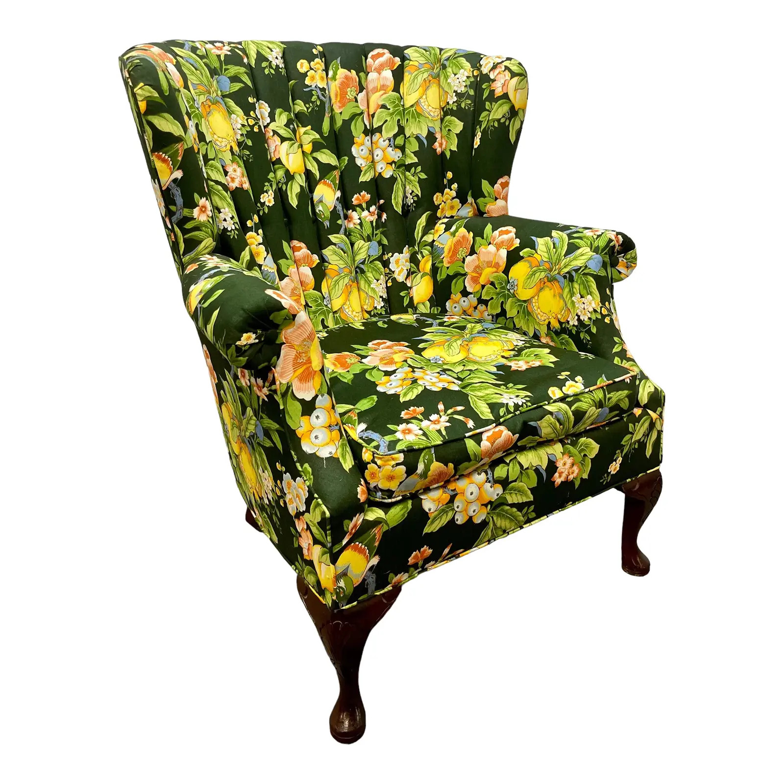 Vintage Traditional Chippendale Style Channel Back Floral Print Wingback Accent Chair | Chairish