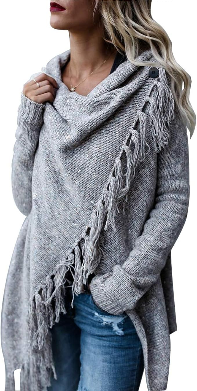 CEASIKERY Women's Tassel Hem Sweater Long Cardigan Knitwer Pullover Poncho Coat | Amazon (US)