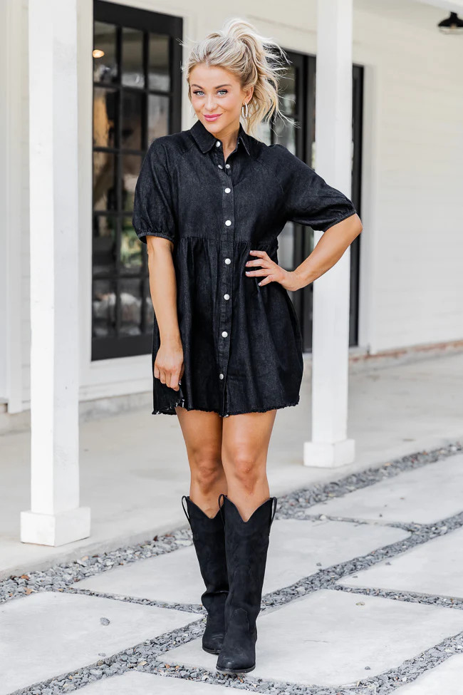 She's Walking Away Black Denim Button Up Mini Dress | Pink Lily