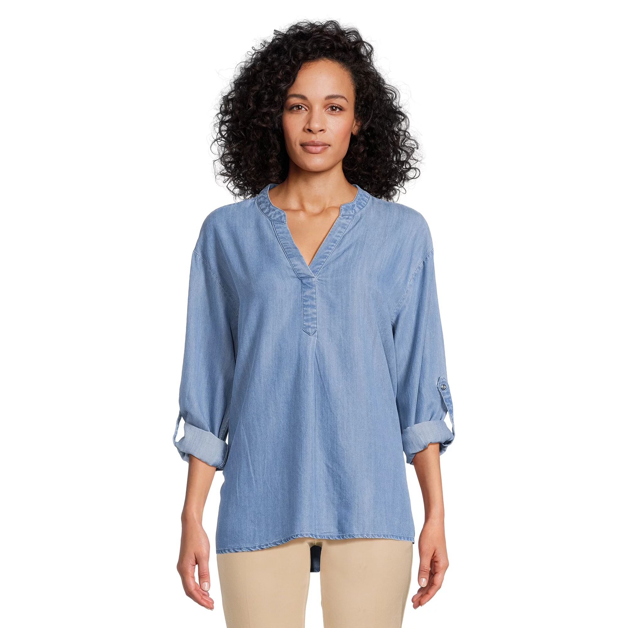 Time and Tru Women's Split Neck Popover High-Low Tunic Top with Rolled Cuff Sleeves | Walmart (US)