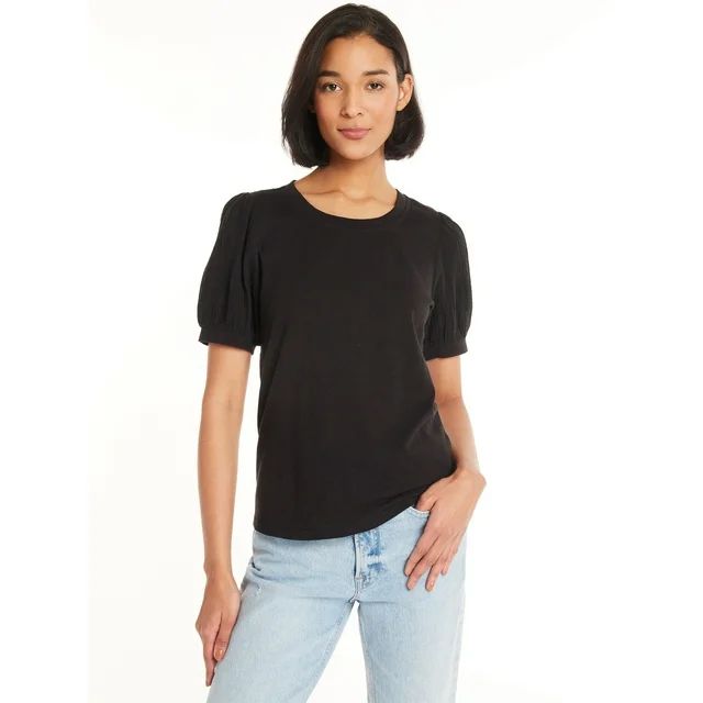 Time and Tru Women's Cotton Top with Puff Sleeves, Sizes XS-XXXL | Walmart (US)