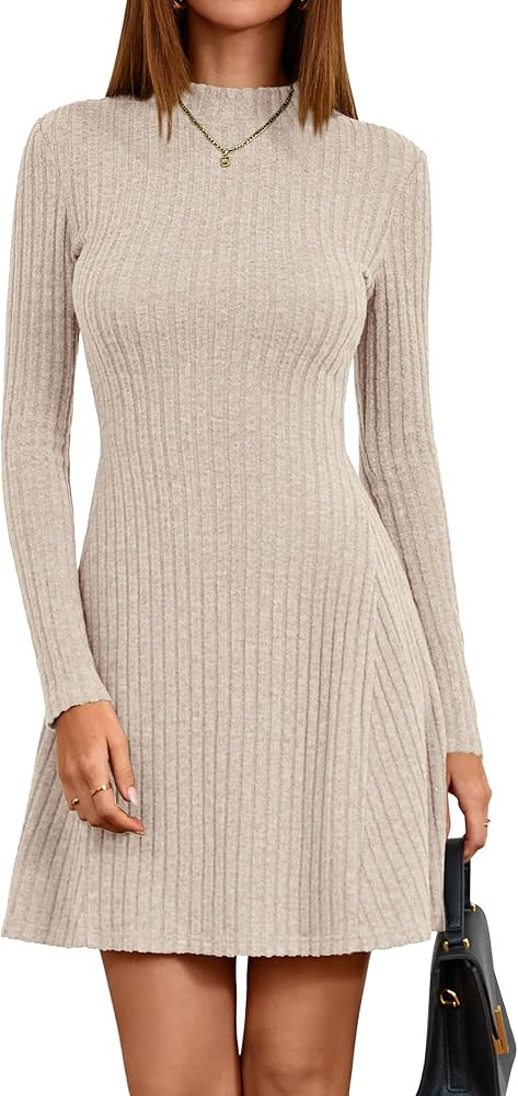 KIRUNDO Women's Sweater Dress 2025 Fall Lightweight Long Sleeve Mock Neck A Line Fit and Flare Ri... | Amazon (US)