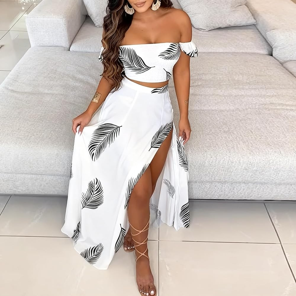 Amazon.com: Women’s Two Piece Outfit White Feather Off-Shoulder Crop Top Maxi Skirt Set Ruffled... | Amazon (US)