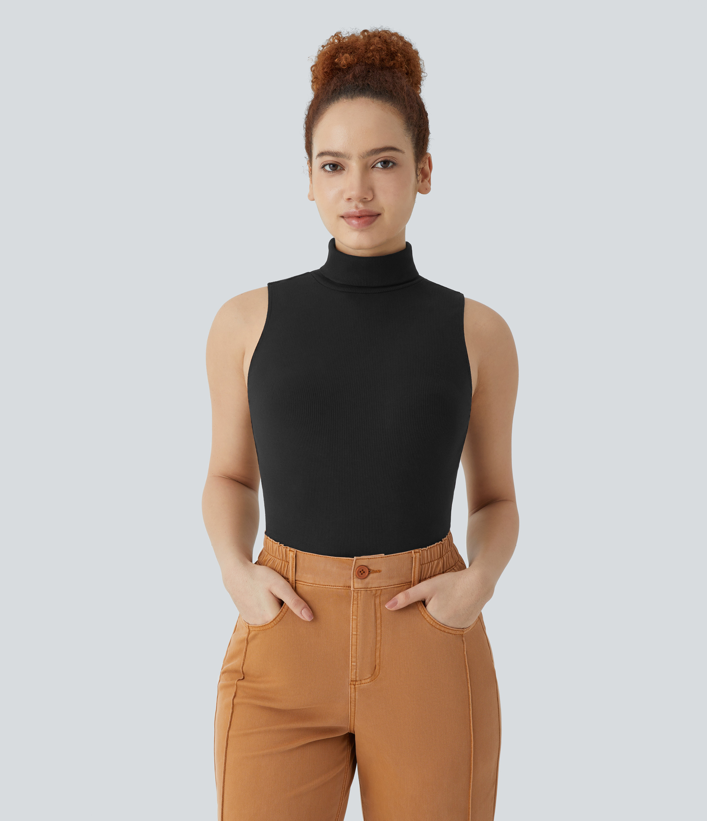 Halara Ribbed Knit High Collar Sleeveless Casual T-Shirt - Blue Without Nights - XS | HALARA