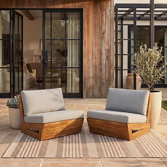 SAFAVIEH Outdoor - Lynn Lounge Chair Set of 2 - Natural & Light Grey - Solid Wood with Cushion - ... | Amazon (US)
