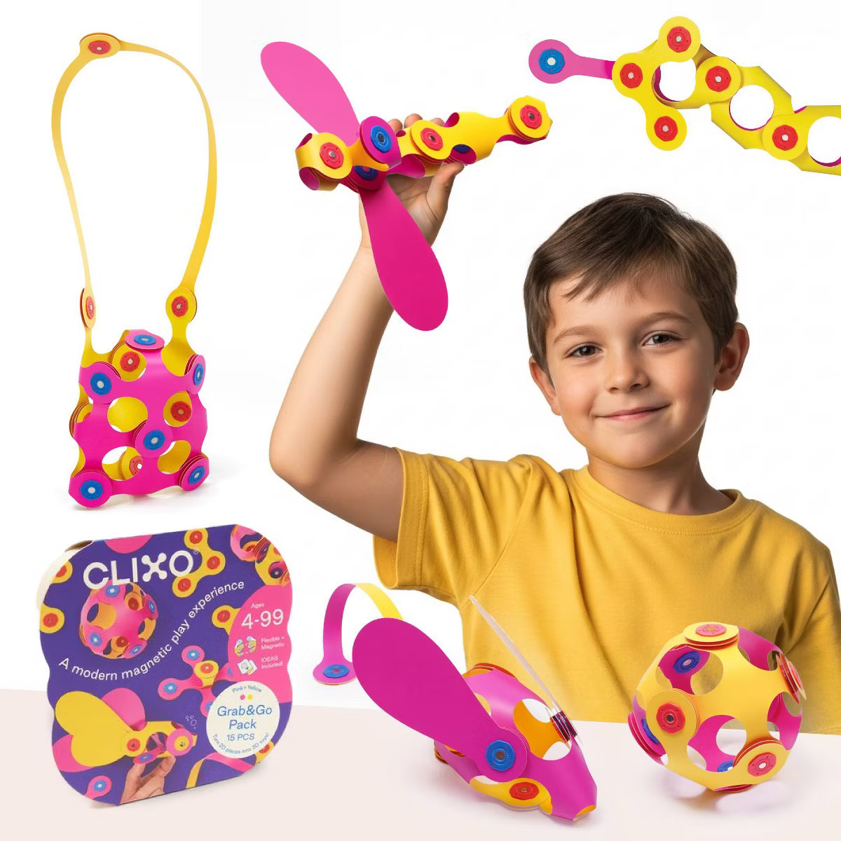 Clixo Grab & Go - Pink/Yellow: Creative Educational Magnetic Set with 18 Building Components | Target