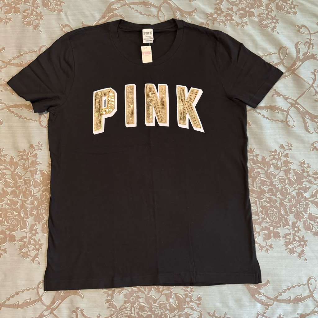 Victoria's Secret Pink Bling Short Sleeve Tee Shirt Black Size Large | Poshmark