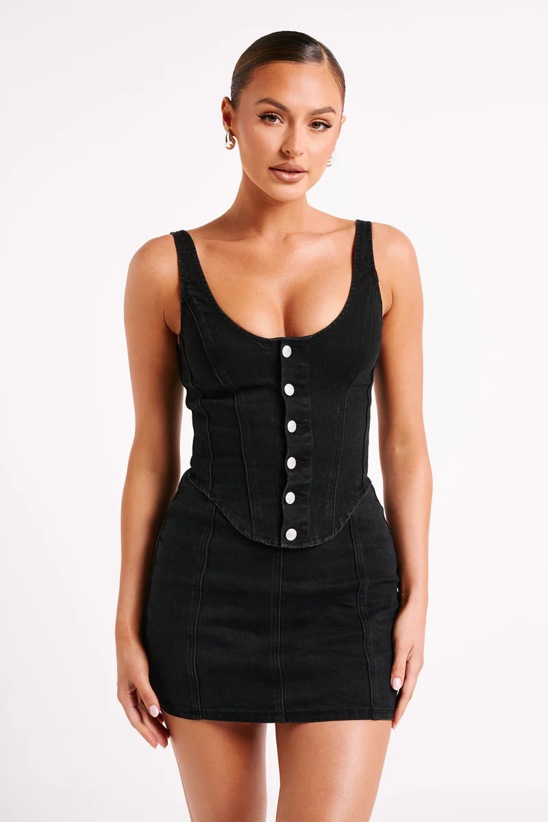 Leilani Corset Denim Top - Washed Black | MESHKI US