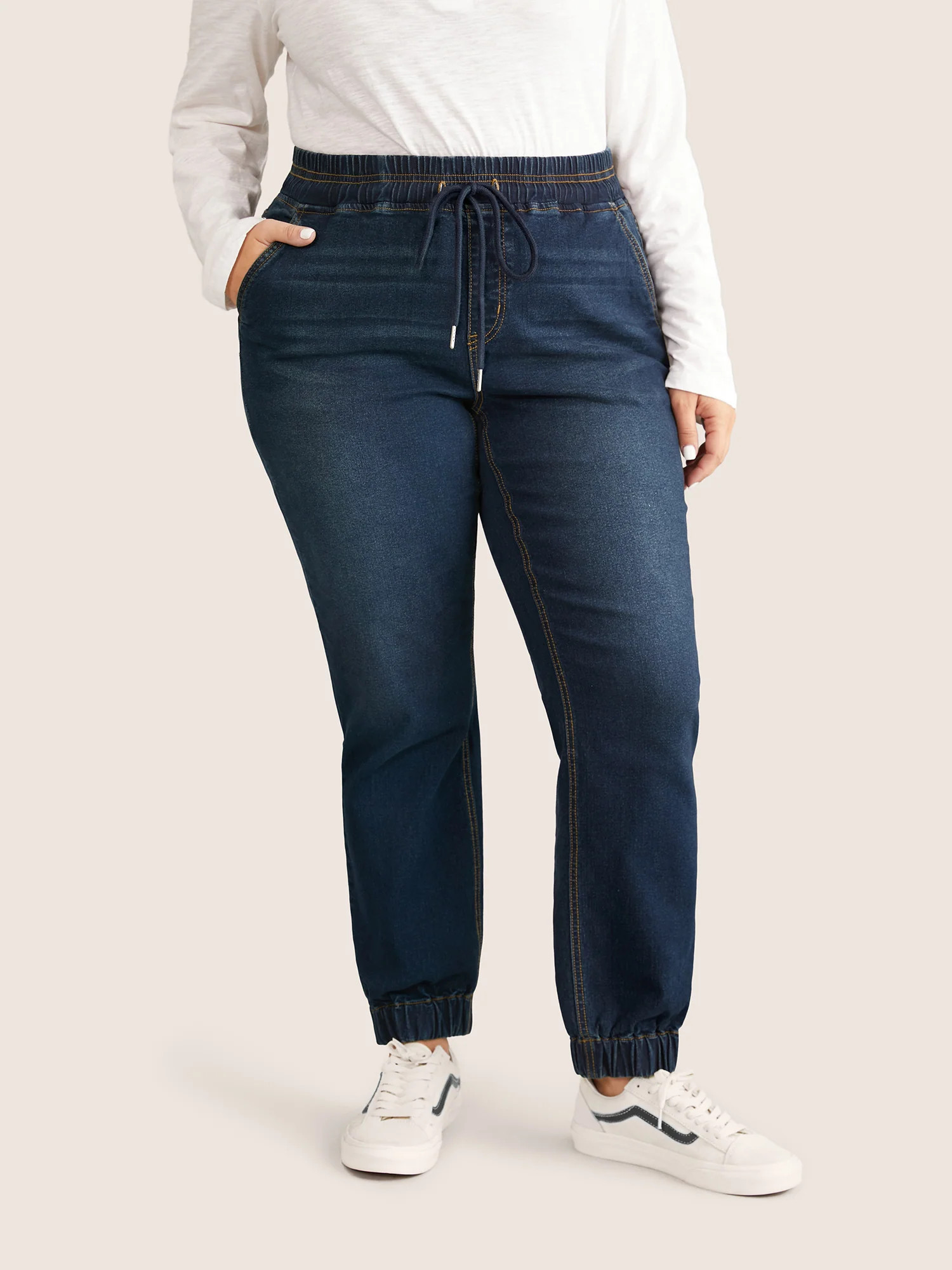 Dark Wash Drawstring Elastic Waist Jogger Jeans | Bloomchic