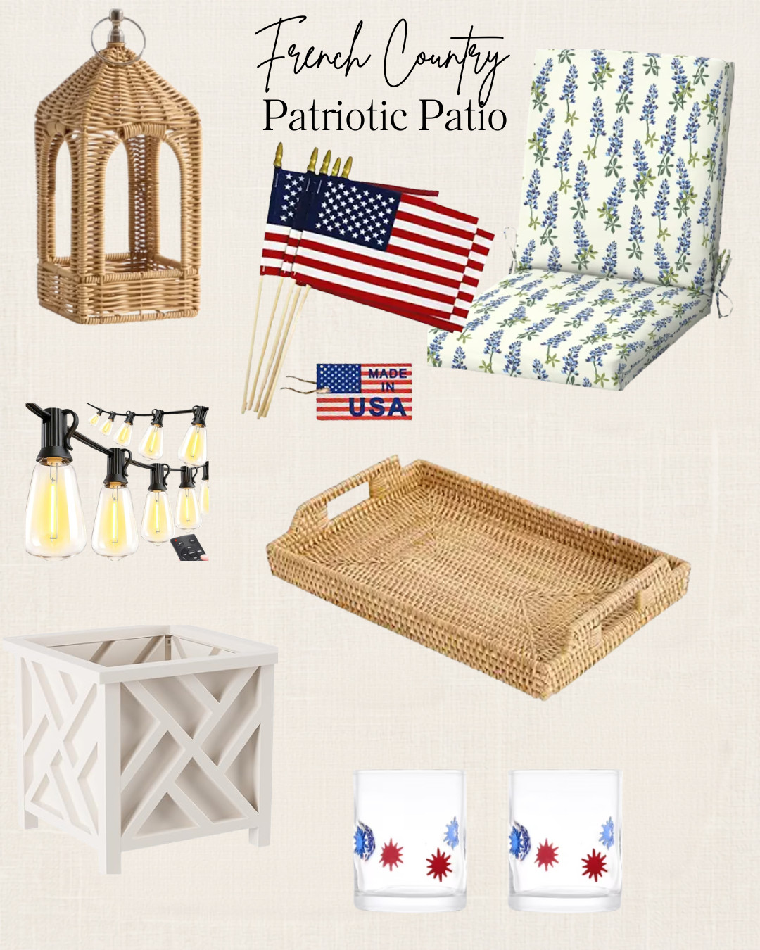 Every year I struggle a little with 4th of July decorating because my personal style leans heavily French Country and French Mediterranean. While traditional Americana decor looks beautiful on Colonial and classic American homes, it doesn't always feel quite right for the European-inspired look I'm trying to create.

My solution is to keep things understated and let the patriotic colors blend naturally into the design. Think blue hydrangeas, striped cushions, woven accents, white planters, soft lighting, and just a few thoughtful nods to red, white, and blue. It feels festive and seasonal without competing with the relaxed elegance that makes French-inspired homes so special.

If you're looking for a way to celebrate the holiday while staying true to your home's aesthetic, these are some of my favorite patio finds for creating a refined, European-inspired take on 4th of July decorating.

Shop the look below and save for your summer entertaining inspiration. 🇺🇸✨

#LTKHome #FrenchCountryHome #FrenchMediterraneanStyle #PatioInspiration #SummerDecor #OutdoorEntertaining #FourthOfJulyStyle #EuropeanInspiredHome #LakeHouseLiving #NeutralDecor
 

 #LTKSeasonal #LTKOver40 #LTKHome