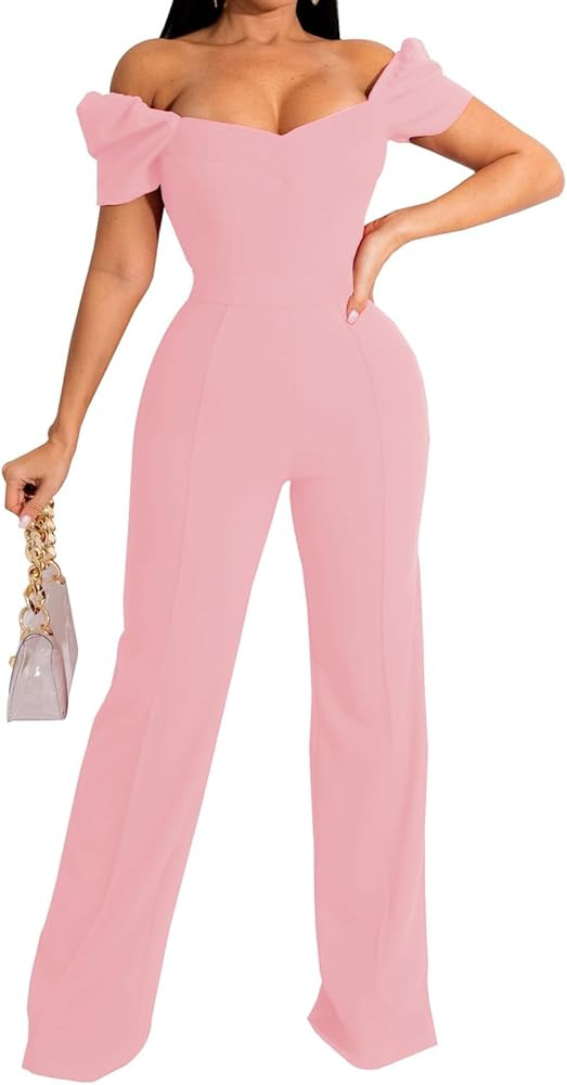 Women's Elegant Sexy Off Shoulder Short Sleeve Wide Leg Pants Long Pant Onesie Clubwear Party Dre... | Amazon (US)