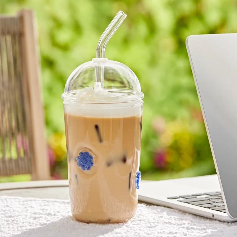 Better Homes & Gardens Glass Sipper Blue Floral Icon with Glass Lid | Walmart (US)