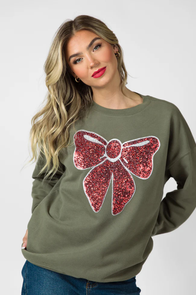 Bow Sequins Patch Olive Oversized Graphic Sweatshirt | Pink Lily