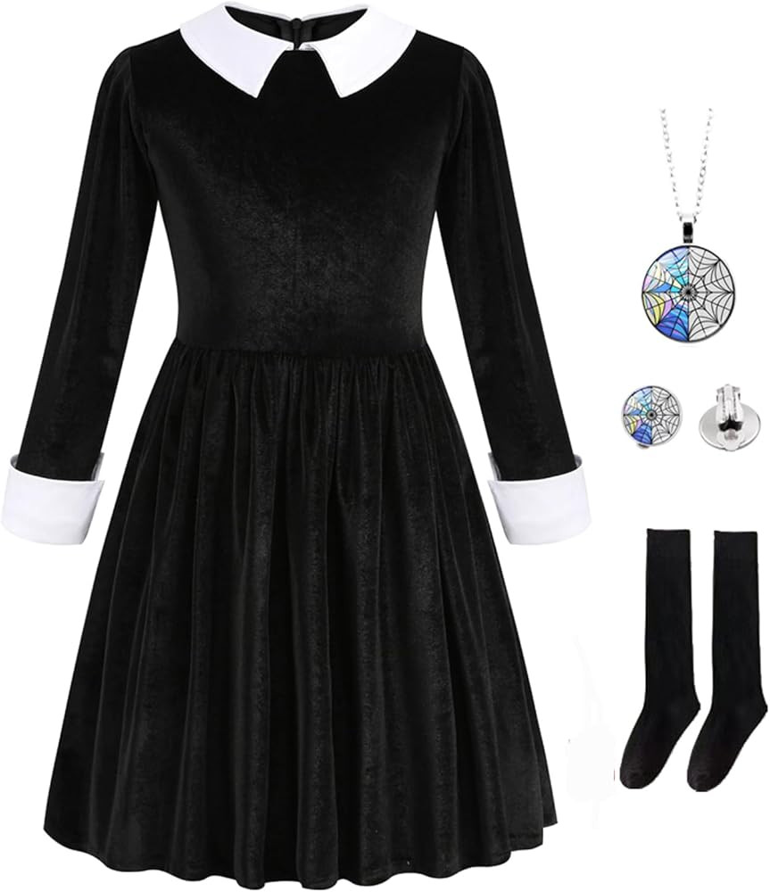 Sgehen Girls Halloween Costume Birthday Outfit Long Sleeve Peter Pan Collar Black Velvet Dress 3-12Y | Amazon (US)