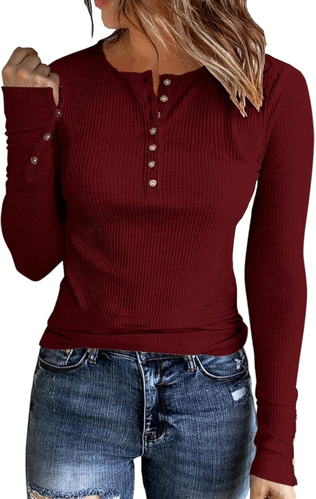 Womens Long Sleeves Ribbed Knit Tunic Shirts Scoop Neck Button Down Tops Casual Henley Tee Shirt ... | Amazon (US)