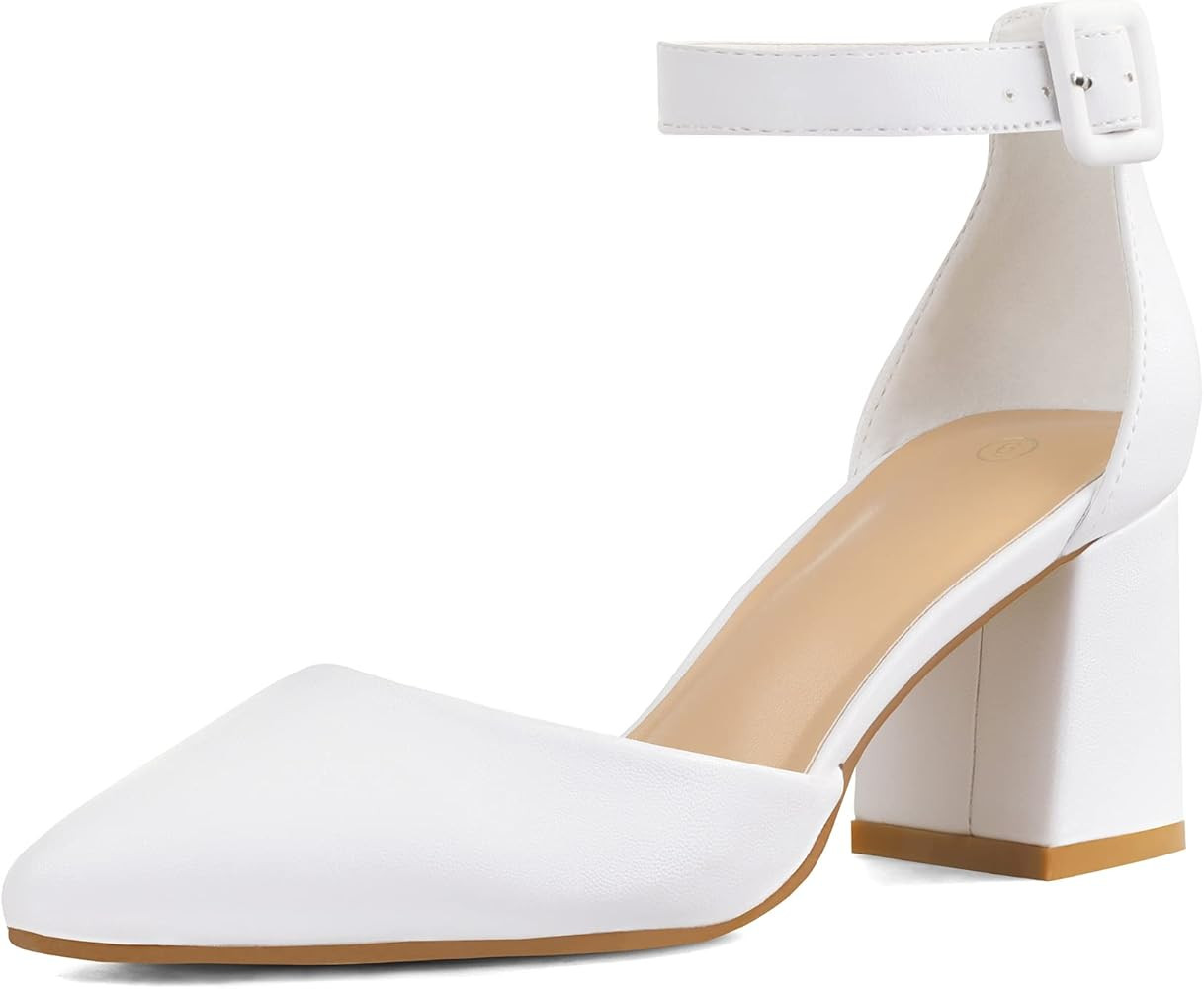 mysoft Women's Pointed Toe Low Chunky Heels Closed Toe Ankle Strap Dress Pump Shoes | Amazon (US)