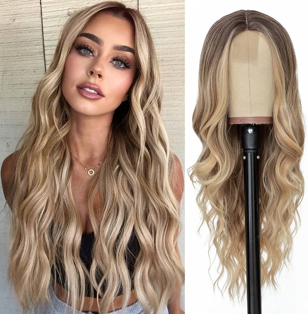 NAYOO Long Ombre Blonde Wavy Wig for Women 26 Inch Middle Part Curly Wavy Wig Natural Looking Syn... | Amazon (US)