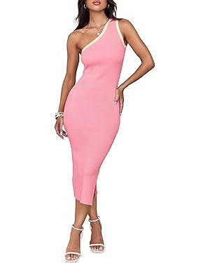 ZESICA Women's Summer One Shoulder Bodycon Midi Dresses 2024 Casual Sleeveless Ribbed Knit Side S... | Amazon (US)