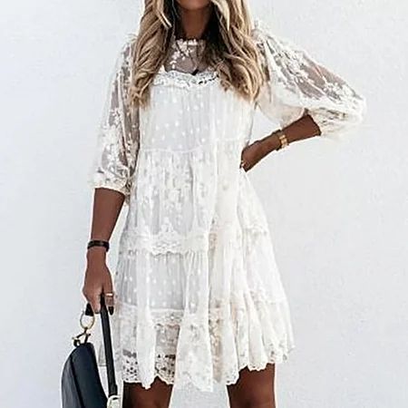 Womens Sheer Floral Lace White Dresses for Women Crewneck 3 4 Sleeve Solid Color Loose Mini Shift Pr | Walmart (US)