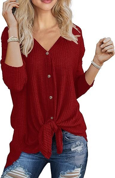 IWOLLENCE Women's Waffle Knit Tunic Blouse Tie Knot Henley Tops Loose Fitting Bat Wing Plain Shir... | Amazon (US)