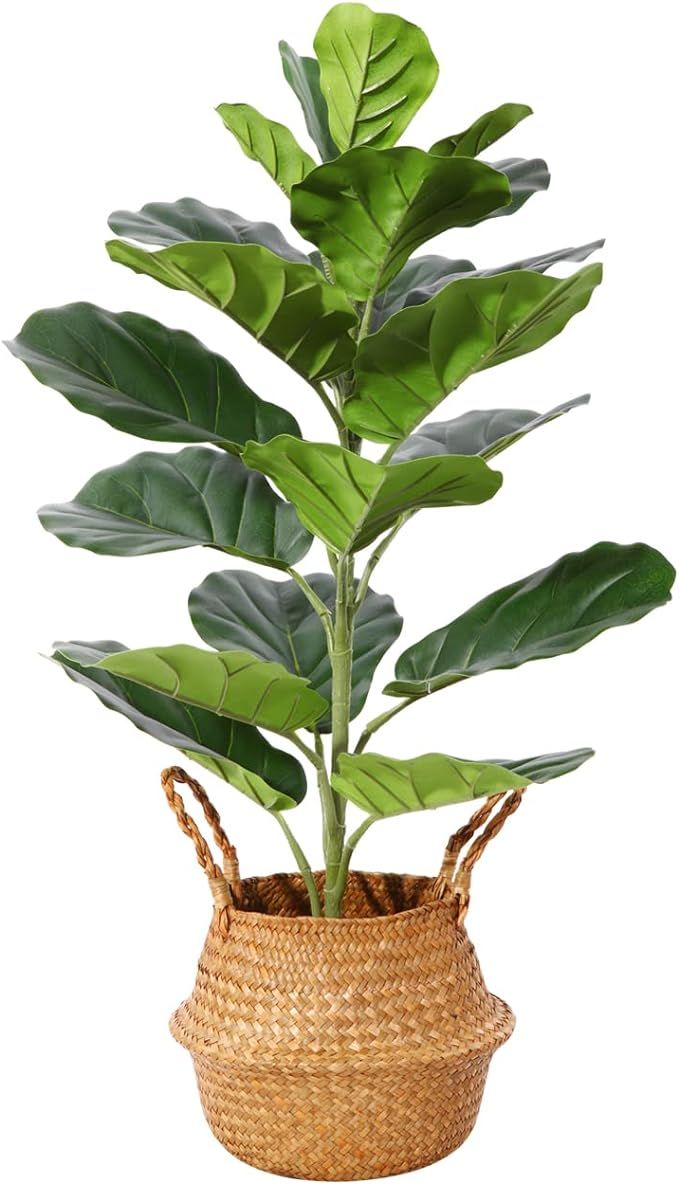 Artificial Plants 30 Inch Fake Fiddle Leaf Fig Tree with 21 Leaves in Pot and Woven Seagrass Bask... | Amazon (US)