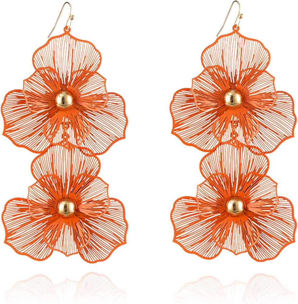 Boho Large Double Flower Earring for Women Handmade Matte Flower Earrings Bohemian Statement Earr... | Amazon (US)