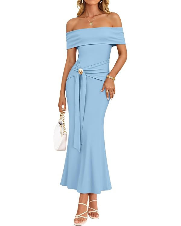 ZESICA Womens Summer Off The Shoulder Bodycon Maxi Dress 2026 Elegant Wedding Guest Formal Cockta... | Amazon (US)