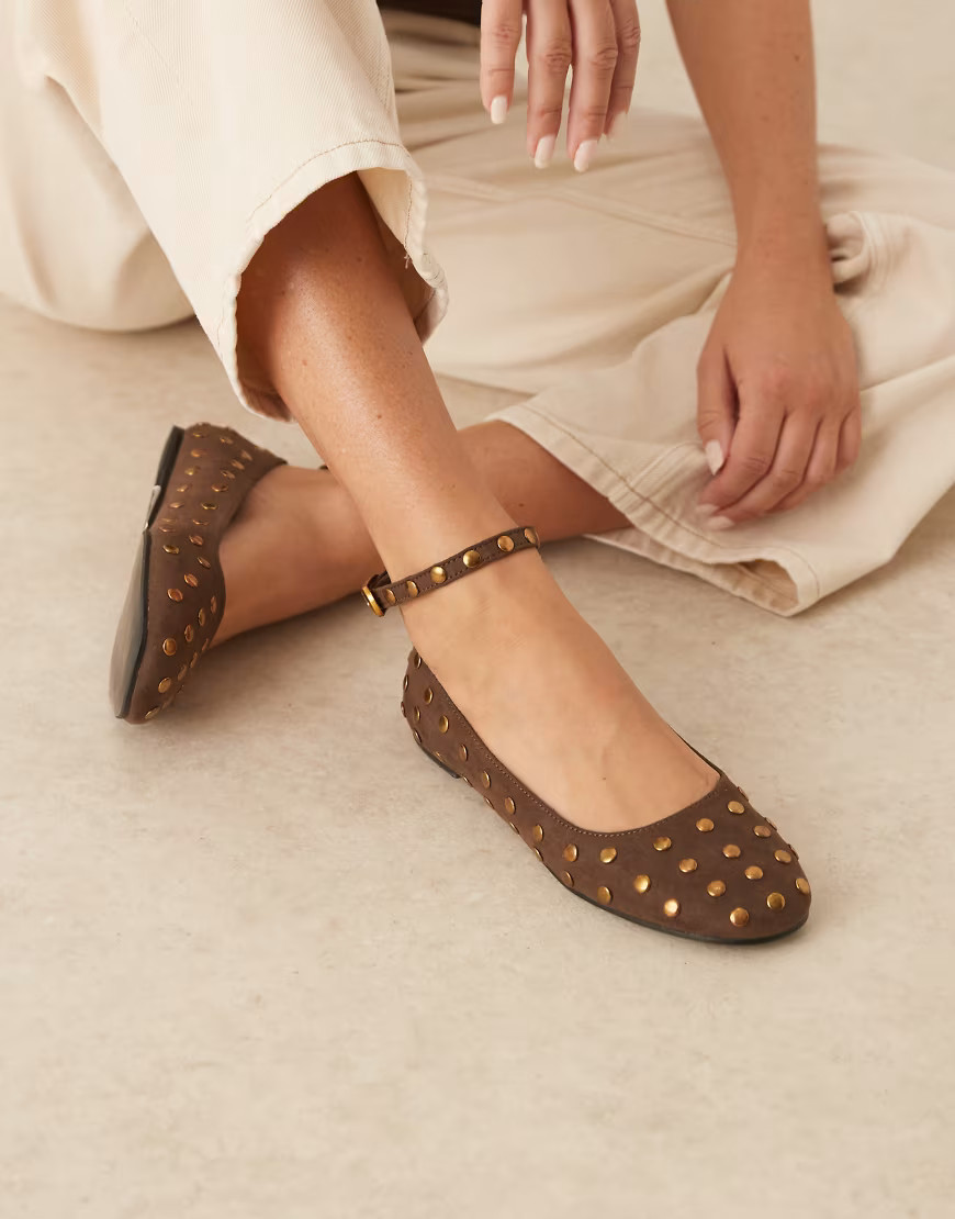 ASOS DESIGN Lara round toe studded ballets in brown suedette | ASOS (Global)