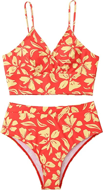 SweatyRocks Women's Two Pieces Swimsuit Solid Color Tie Side Top High Waisted Bikini Set | Amazon (US)