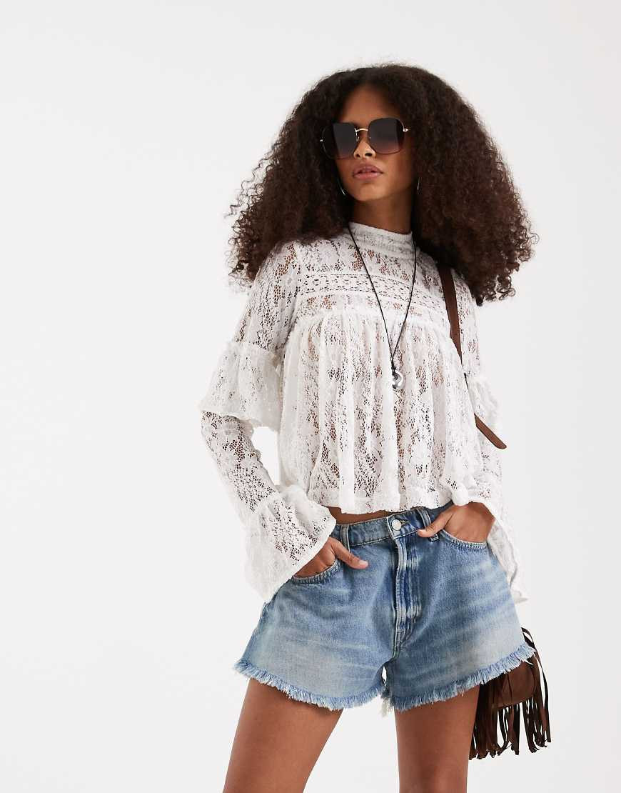 Free People boho ruffle long sleeve lace blouse in ivory-White | ASOS (Global)