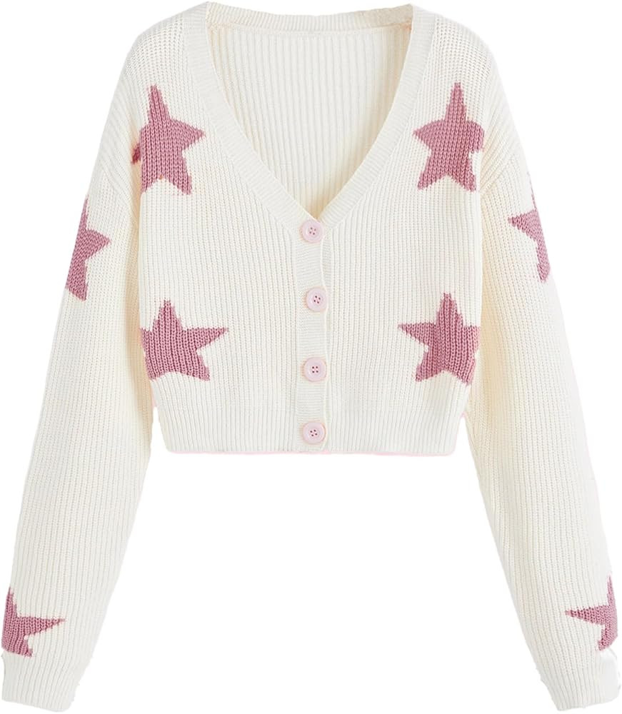 QWINEE Women's Star Print Long Sleeve V Neck Drop Shoulder Button Front Crop Cardigan Knit Sweate... | Amazon (US)
