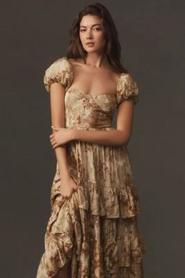 BHLDN Lurex Printed Tiered Puff-Sleeve Dress | Anthropologie (US)