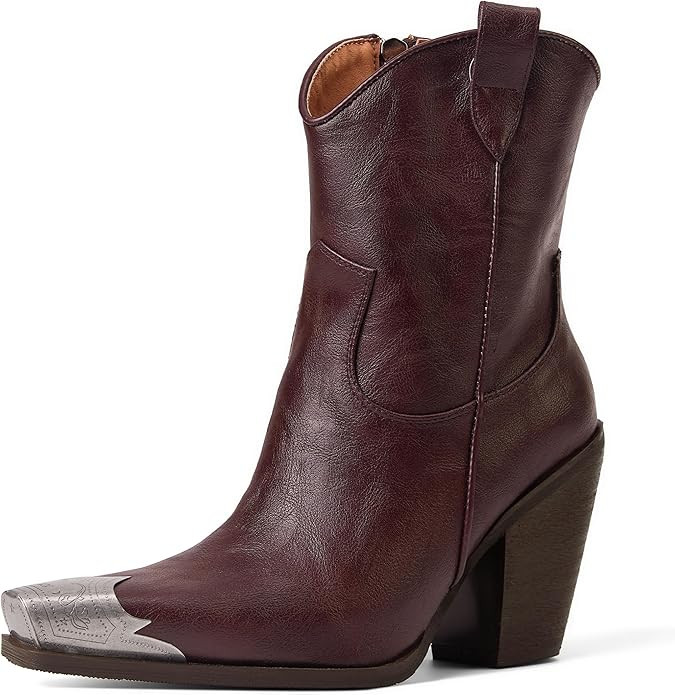 Cowboy Ankle Boots for Women Engraved Steel Toe Cowgirl Boots Stacked Block Heels Short Cowboy Bo... | Amazon (US)