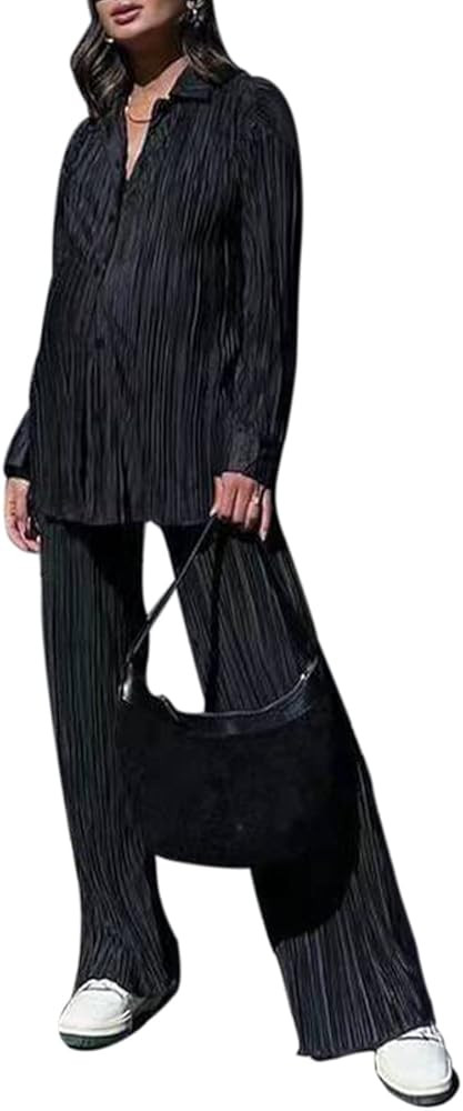 ABYOVRT Pleated 2 Piece Outfits for Women Long Sleeve Oversized Button Down Shirt Wide Leg Pants ... | Amazon (US)