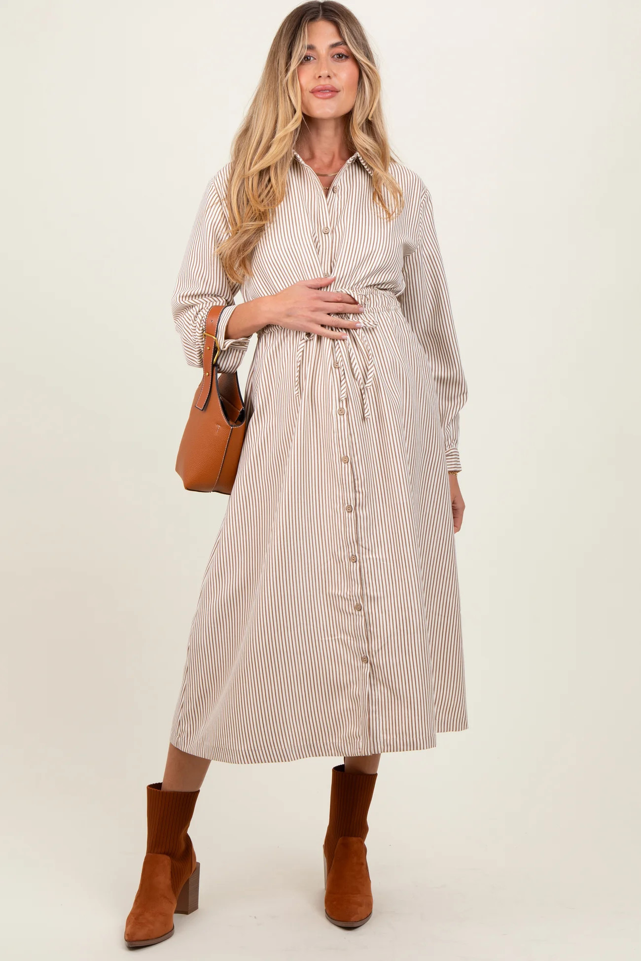 Mocha Striped Sash Tie Maternity Midi Shirt Dress | PinkBlush Maternity